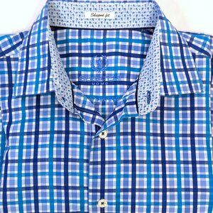 Bugatchi Men’s | Cotton Plaid Button Down Shirt Contrasting Cuffs Blue | Medium